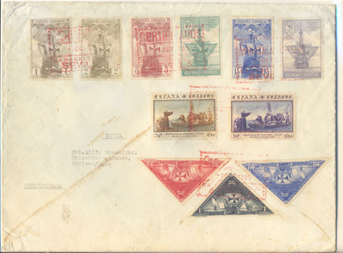 Falsa Sevilla-Suiza 1930 MAGNÍFICA CARTA CIRCULADA CON GRAN PARTE DE LA SERIE COMPLETA DESCUBRIMIENTO DE AMERICA MATASELLO CERTIFICADO 1 OCTUBRE DE 1930  EN ROJO. AL DORSO LLEGADA..jpg