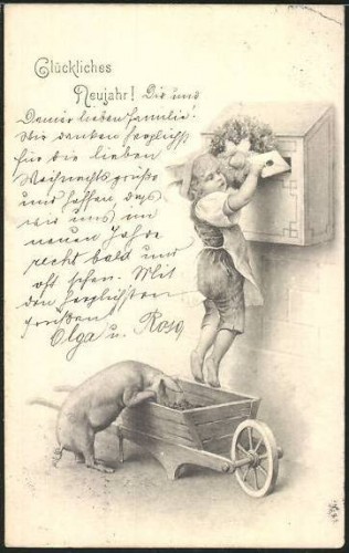 CPA Ein MÀdchen steckt einen Brief in den Briefkasten, wÀhrend ein Schwein aus einem Karren frisst Ok.jpg