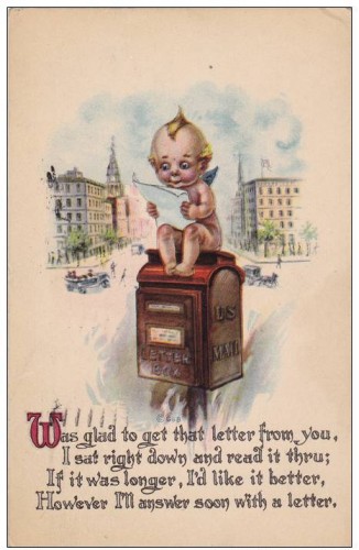 Cupie Angel sitting on mail box reading letter, Poem, PU-1920 Ok.jpg