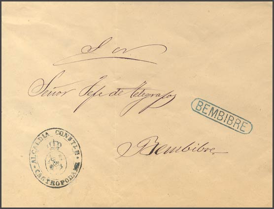 (1890ca). CASTROPODAME a BEMBIBRE. Marca franquicia ALCALDIA CONSTL. -cASTROPODAME, en el frente marca lineal BEMBIBRE.jpg