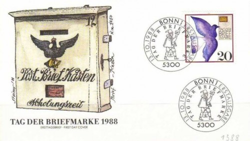 Deutschland Germany FDC Mi-Nr.1388 Tag der Briefmarke Briefkasten Brieftaube.jpg