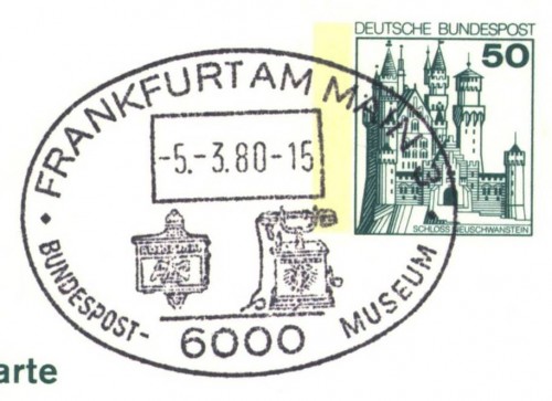 Deutschland SSt. Frankfurt Postmuseum, Briefkasten, Telefon  Germany pmk. Postal Museum, Mailbox, Telephone, 1980.jpg