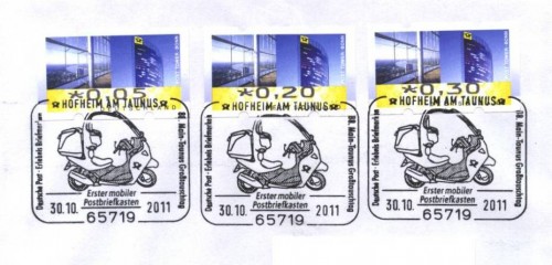Deutschland SSt. Hofheim Mobiler Briefkasten, Postroller Germany pict. pmk. First Postal Bike, 2011.jpg