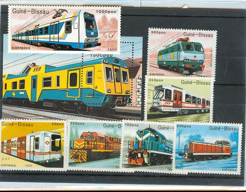 Guinea Bissau - Sello de 1000 Pesos: Tranvía de los Eusko Trenbideak/Ferrocarriles Vascos fabricado por la empresa C.A.F. (Beasain, Irún, Zaragoza). Hojita de 1500 Pesos: Tranvía de RENFE fabricado por la C.A.F.