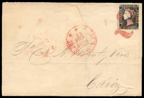 1850 edifil 1A Alicante a Cádiz matasello numeral.