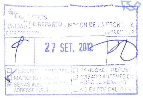 Marca de devolución. Morón de la Frontera. Unidad de Reparto. 2012-09-27. Reverso.jpg