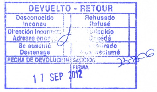Marca de devolución. San Isidro-Granadilla de Abona. Devuelto - Retour. 2012-09-17. Anverso.jpg