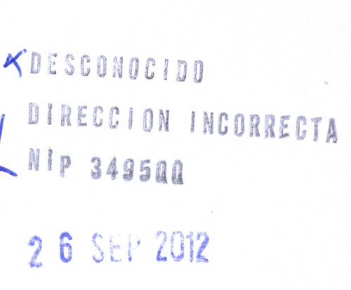 Marca de devolución. Las Galletas. Desconocido. Dirección incorrecta. NIP 349500. 2012-09-26. Negro. Reverso.jpg