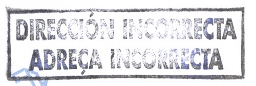 Marca de devolución. El Vendrell. Dirección Incorrecta. Adreça Incorrecta. 2012-10-17. Negro. Reverso.jpg