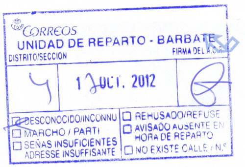 Marca de devolución. Barbate. Unidad de Reparto. 2012-10-17. Azul. Reverso.jpg
