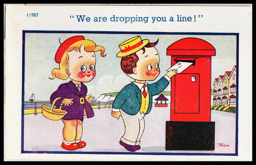 Vintage 1950s Signed Comic Postcard Red Pillar Box Post bag letter theme.jpg