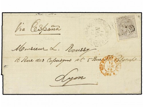 MARRUECOS. 1879 (10 Nov.). TANGER a LYON. 25 cts. grit. Mat. rombo de puntos y fechador CORREO ESPAÑOL EN AFCA-TANGER B.F. girado 45. RARO fechador que fue sustituido en 1880 por el de CORREO ESPAÑOL EN AFRICA.jpg