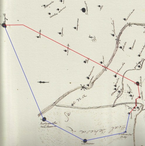 Mapa de 1792 con las posibles rutas segidas por la carta