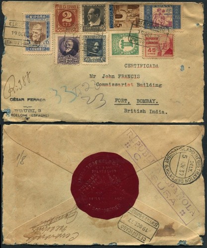 carta filatélica certificada en 1937 de BCN a BOMBAY -India- al dorso oblea cambio filatélico .jpg