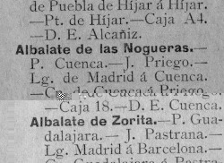 Albalate de las Nogueras - Provincia de Cuenca - Linea General de Madrid á Cuenca - Conducción de Cuenca á Priego (etc.)<br />Entrada en el &quot;Diccionario Geográfico Postal de España&quot;. Madrid, 1906.