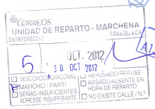 Marca de devolución. Marchena. Unidad de Reparto. 2012-10-30.jpg