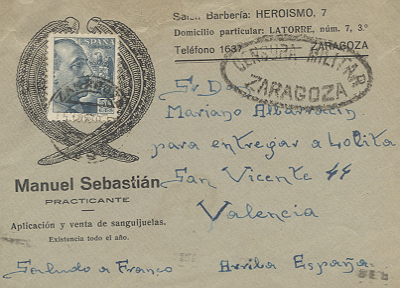Curioso sobre ilustrado con dos sanguijuelas rodeando a Franco (Sanchez Toda) y censura ovalada de Zaragoza