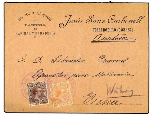1892. TORREJONCILLO (Cáceres) a VIENA. 10 cts. y 15 cts. Mat. circular ESTACION TELEGRAFICA TORREJONCILLO en violeta. RARÍSIMA.jpg