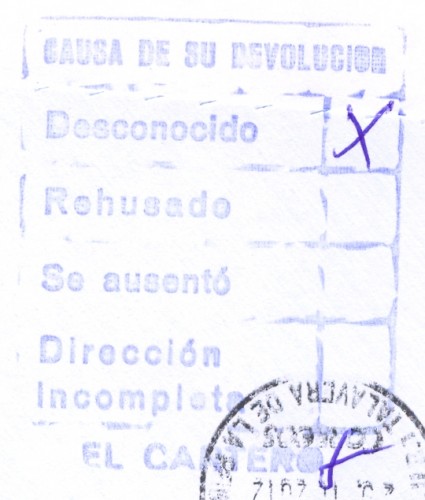 Marca de devolución. U.R.1 Talavera de la Reina. Causa de su devolución. 2012-11-25.jpg