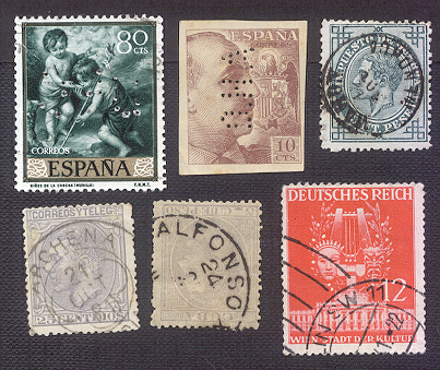 Dos taladrados, trébol de Archena , matasellos de Alfonso XII /Cuba), Mahon y uno de Alemania que no se si me faltaba en usado.