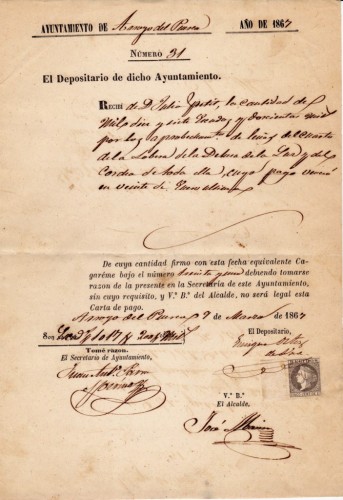 Recibo de 1017 escudos y 200 milésimas, fechado en Arroyo del Puerco el 9 de marzo de 1867