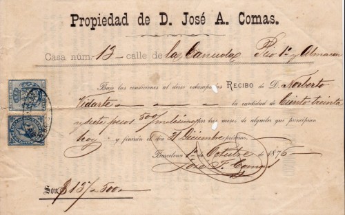 Recibo de 137 pesos y 500 milésimas,  fechado en Barcelona el 1 de octubre de 1876