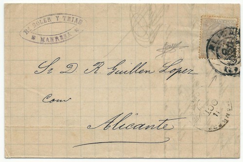 1880. Manresa a Alicante. 25 centimos. Sello Servido.