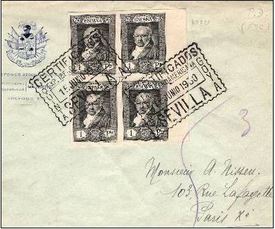 GOYA 4-er Block, geschnitten, FDC, Sonder-Stempel. Sevilla-Paris.jpg