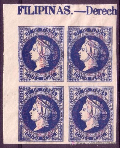FILIPINAS. FISCALES. Derecho de Firma. 5 Pesos. ISABEL II. Sobrecargado. Bloque de 4 cabecera de pliego.jpg