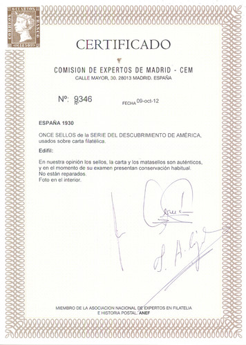 New MAGNÍFICA CARTA CIRCULADA CON GRAN PARTE DE LA SERIE COMPLETA DESCUBRIMIENTO DE AMERICA Cert.jpg