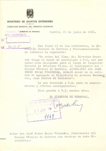 José Pedro de Rojas Folgueira. Cese Correo de Gabinete. 21-06-1966. Baja.jpg