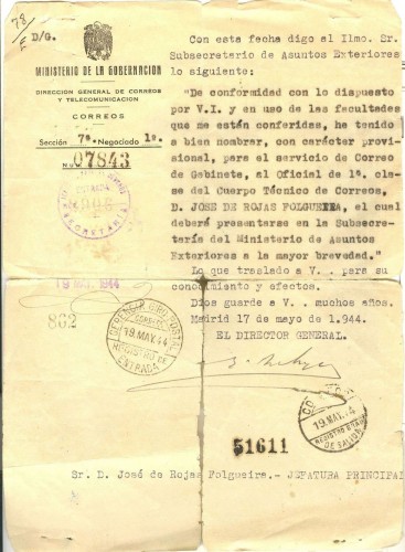 José Pedro de Rojas Folgueira. Nombramiento Correo de Gabinete. 14-05-1944. Baja.jpg