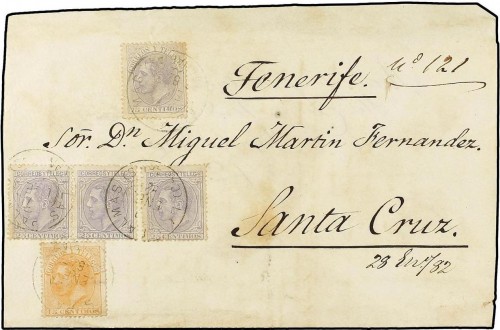 New 1882. LAS PALMAS A SANTA CRUZ. 15 cts. naranja, 25 cts. gris (3) y 75 cts. CCERTIFICADA número de registro y toma de razón en anv., y recibí manuscrito rev. circulado en las Islas Canaria.jpg