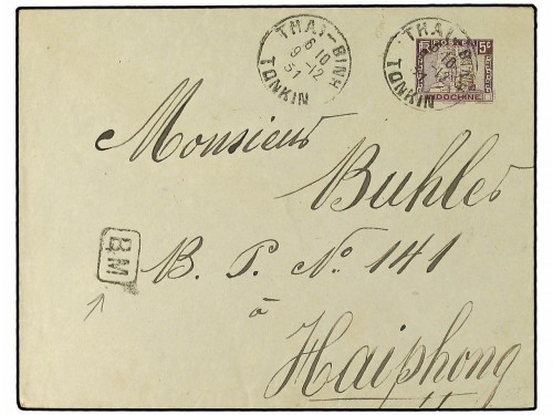 New INDOCHINA FRANCESA. 1931. 5c. postal stationery envelope to Haiphong tied by 'Thai-Binh Tonkin' datestamp. Obverse also bears boxed 'B.M.' cachet (boite mobile). On reverse, Nam Dinh transit cds.jpg