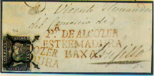 6 Cuartos negro (1850). Puebla de Alcocer.- Araña negra y marca prefilatélica.jpeg