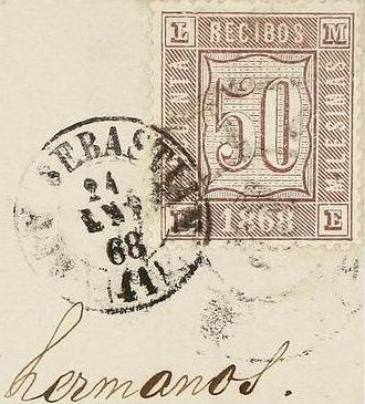 1868. S. SEBASTIAN a MADRID. Circulada con sello de RECIBOS de 50 mils. violeta. Mat. R.C. 41 y fechador de S. SEBASTIAN. PIEZA EXCEPCIONAL. UNICA CONOCIDA. Cert. COMEX det.jpg