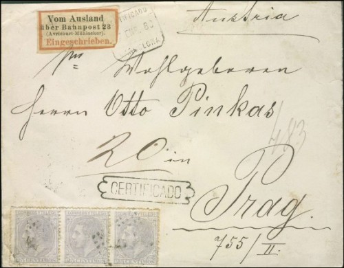 1880 SPAIN 3 25c ALFONS 180 REG to PRAG. GERMAN LABEL VOM AUSLAND BAHNPOST 23 450.jpg