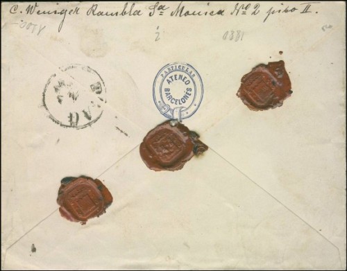 1880 SPAIN 3 25c ALFONS 180 REG to PRAG. GERMAN LABEL VOM AUSLAND BAHNPOST 23 rev 450.jpg