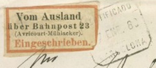 1880 SPAIN 3 25c ALFONS 180 REG to PRAG. GERMAN LABEL VOM AUSLAND BAHNPOST 23 450 det.jpg