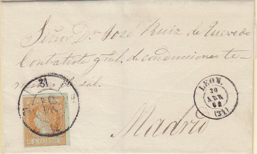 1862-04-30 LEON A MADRID. BORDE DE HOJA.