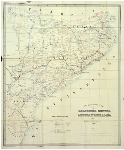 mapa (carta) de correos y postas de Cataluña en 1860