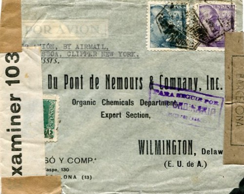 Correspondencia comercial de Barcelona a Wilmington (Delaware). Franqueo 4,65pts. Marca &quot;Para seguir por vía ordinaria en tránsito por Caracas&quot;.