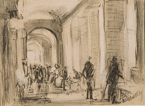 Rafael Durancamps (Sabadell, 1891- Barcelona, 1979) Soportales Dibujo al carboncillo sobre papel. Firmado 10,5 x 14,5 cm..jpg