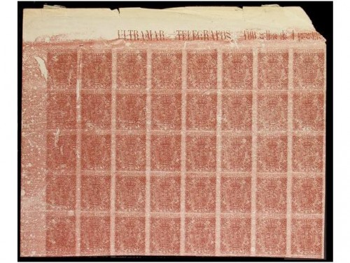 Telégrafos 20. 1871 Escudo de España. Hoja con inscripción “ultramar-telégrafos 100 sellos de 4 pesetas”. Hoja de 40 sellos.jpg