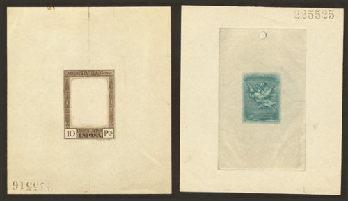 1930. Espectacular y extraordinario conjunto de las veintiocho PRUEBAS DE PUNZON DEFINITIVOS, de los marcos y de los centros, impresas separadamente y en los colores adoptados (incluyendo el urgente)..jpg