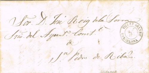 Carta de Vilanova 1865, con franqueo puesto de cierre de carta (cortado). Al dorso llegada a SITGES