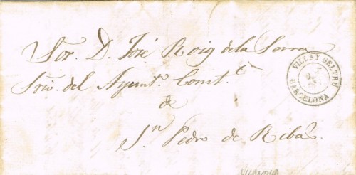Carta de Vilanova 1865, con franqueo puesto de cierre de carta (cortado). Al dorso llegada a SITGES