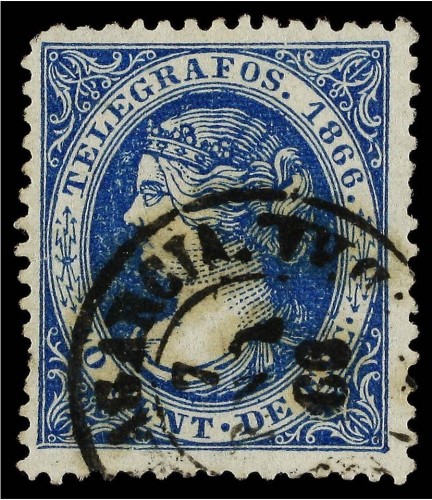 x 40 cts. de escudo azul de TELÉGRAFOS usado como sello de correos, fechador VILLAGARCIA-GALICIA. Defectuoso en una esquina. Rarísimo, no más de media docena de ejemplares conocidos. Cert. COMEX.jpg