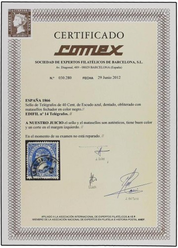 x 40 cts. de escudo azul de TELÉGRAFOS usado como sello de correos, fechador VILLAGARCIA-GALICIA. Defectuoso en una esquina. Rarísimo, no más de media docena de ejemplares conocidos. Certi. COMEX.jpg