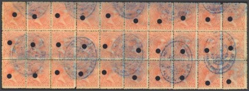 1889. 10 pts naranja, bloque de treinta. Matasello de Telégrafos y taladrado. MAGNIFICO Y EL BLOQUE MAS GRANDE CONOCIDO DE ESTE VALOR CLAVE.jpg